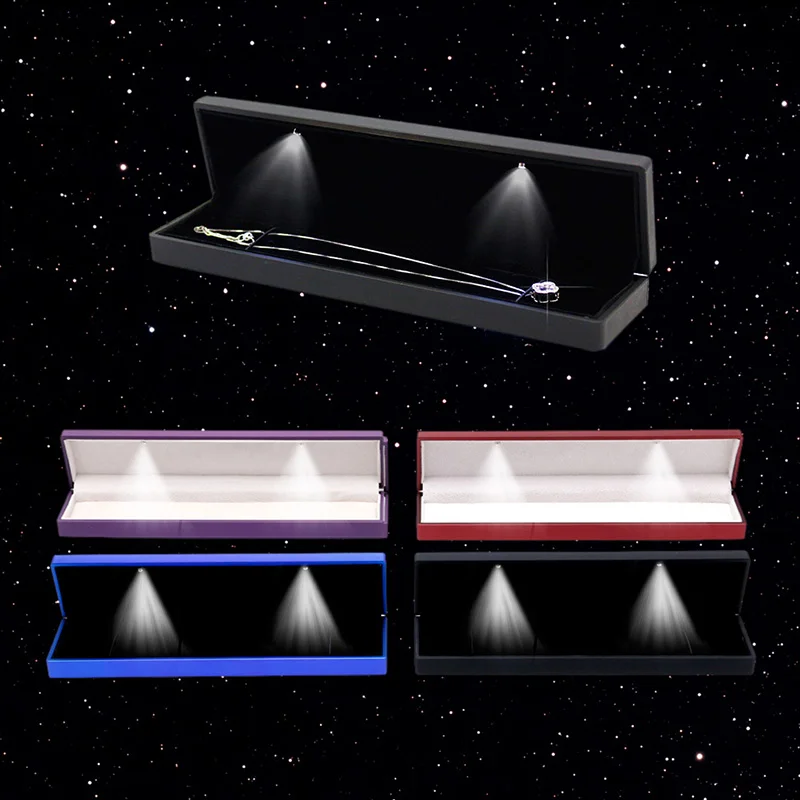 

LED Velvet Long Boxes Necklace Padent Gift Box Wedding Jewelry Display Case Hot