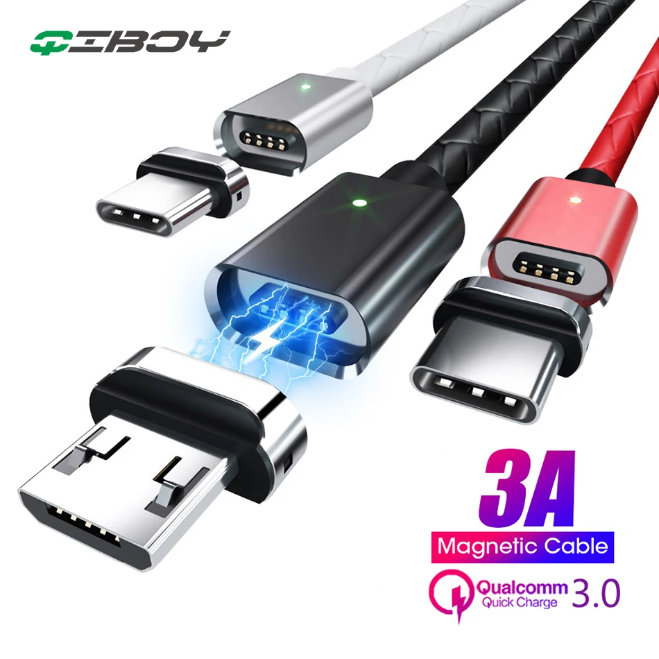 

QIBOY Magnetic USB Cable 1M 3A Fast Data Charging Cable for iPhone Xs Max Magnet Charger Micro USB Type C Cable for Samsung S10
