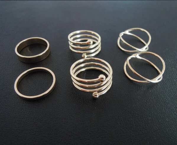 6 Pcs/Set 2015 latest fashion punk Hammered x cross Wire Lines Coil Spring gold plated stackable midi ring for women bagues