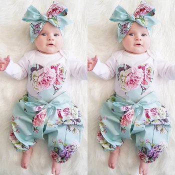 

3Pcs Newborn Girls Rompers Long Sleeve Floral Jumpsuit Autumn Baby Heart Print Tops Pants Headband Set