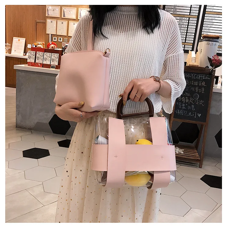 

2 PCS New Tote Transparent Shoulder Bag for Women Large Capacity Transparent Bag Leather Handbag Ladies Crossbody Messenger Bags