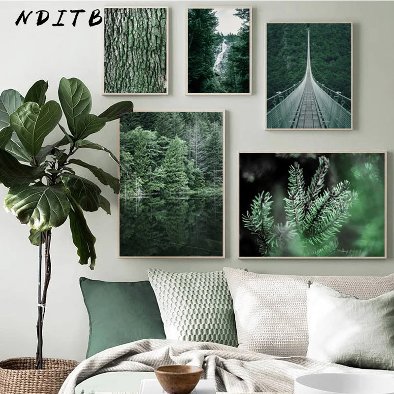 

Forest Waterfall Bridge Landscape Picture Scandinavian Poster Scenery Nature Canvas Wall Art Print Painting Nordic Decoation