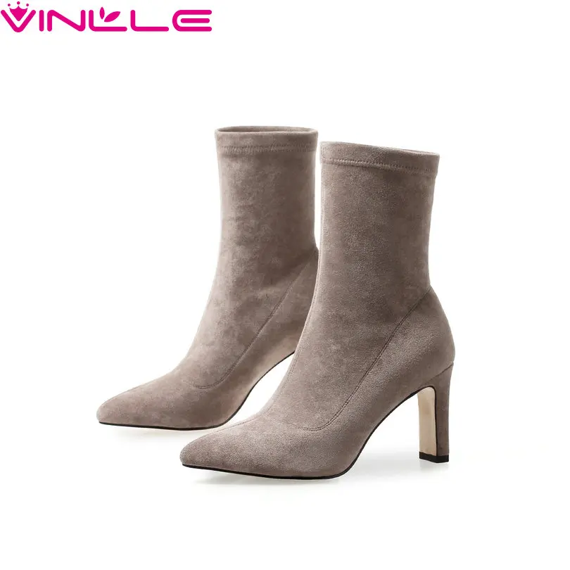 

VINLLE 2019 Black Gray Women Boots Slip On Ankle Boots Flock Square High Heel Pointed Toe Solid Women Shoes Size 34-43