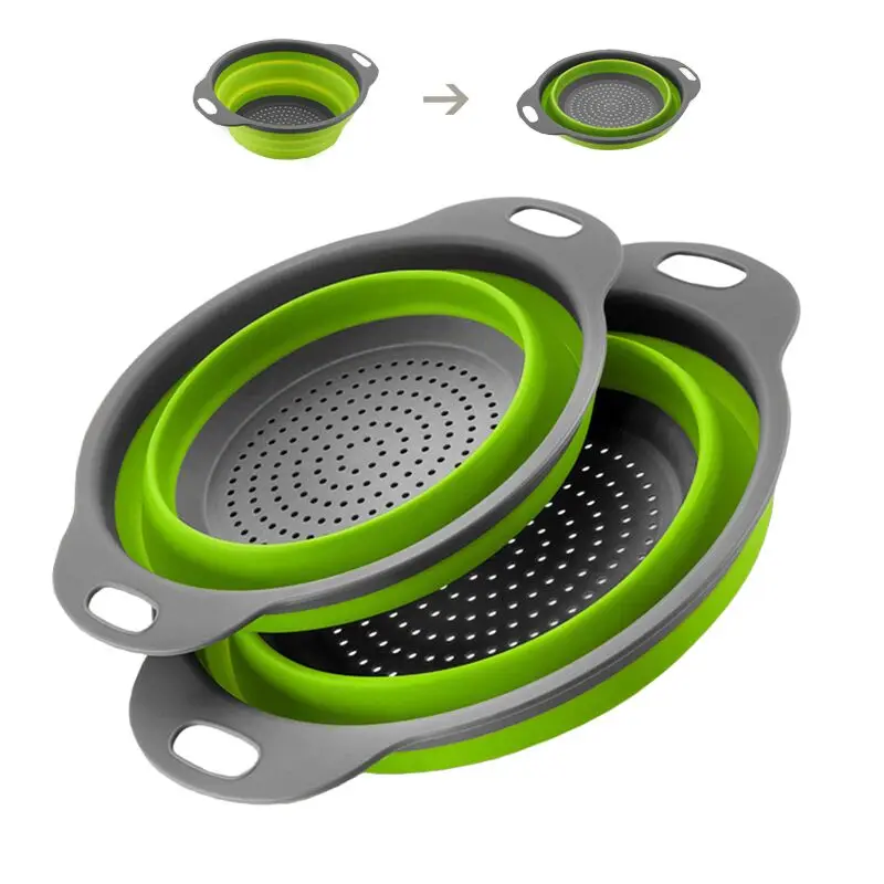 

2pcs/set Foldable Silicone Colander Fruit Vegetable Washing Basket Strainer Collapsible Drainer With Handle Kitchen Tool