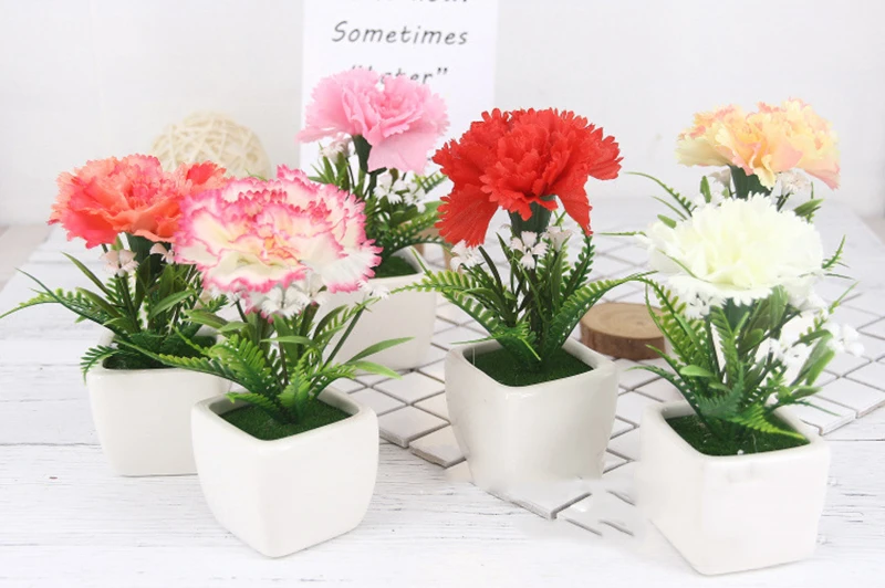 Flone Silk Carnation Flower Bonsai Fake Flowers Potted Artificial Flower Small Potted For Home Living Room Garden Decoration (2)