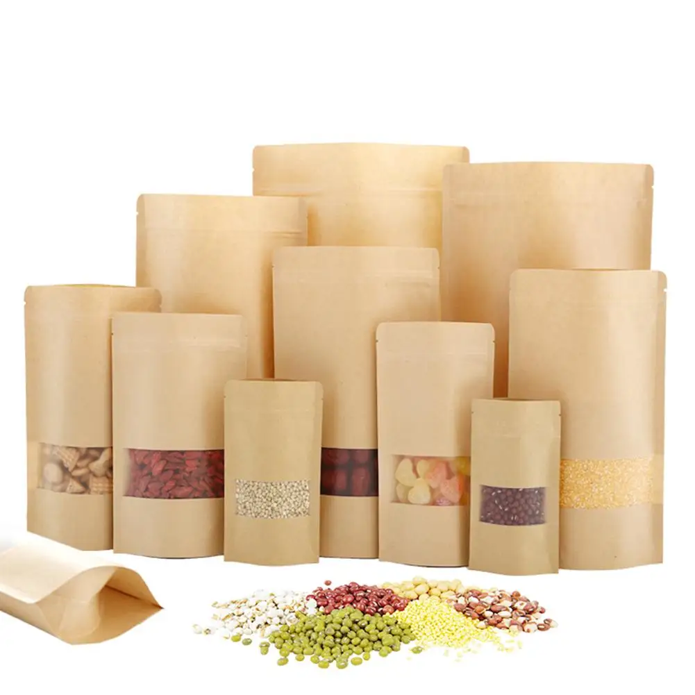 

10PCS Kraft Paper Self-sealing Ziplock Bag Tea Nut Dry Fruit Food Packaging Bags Reusable Moisture-proof Vertical Bag