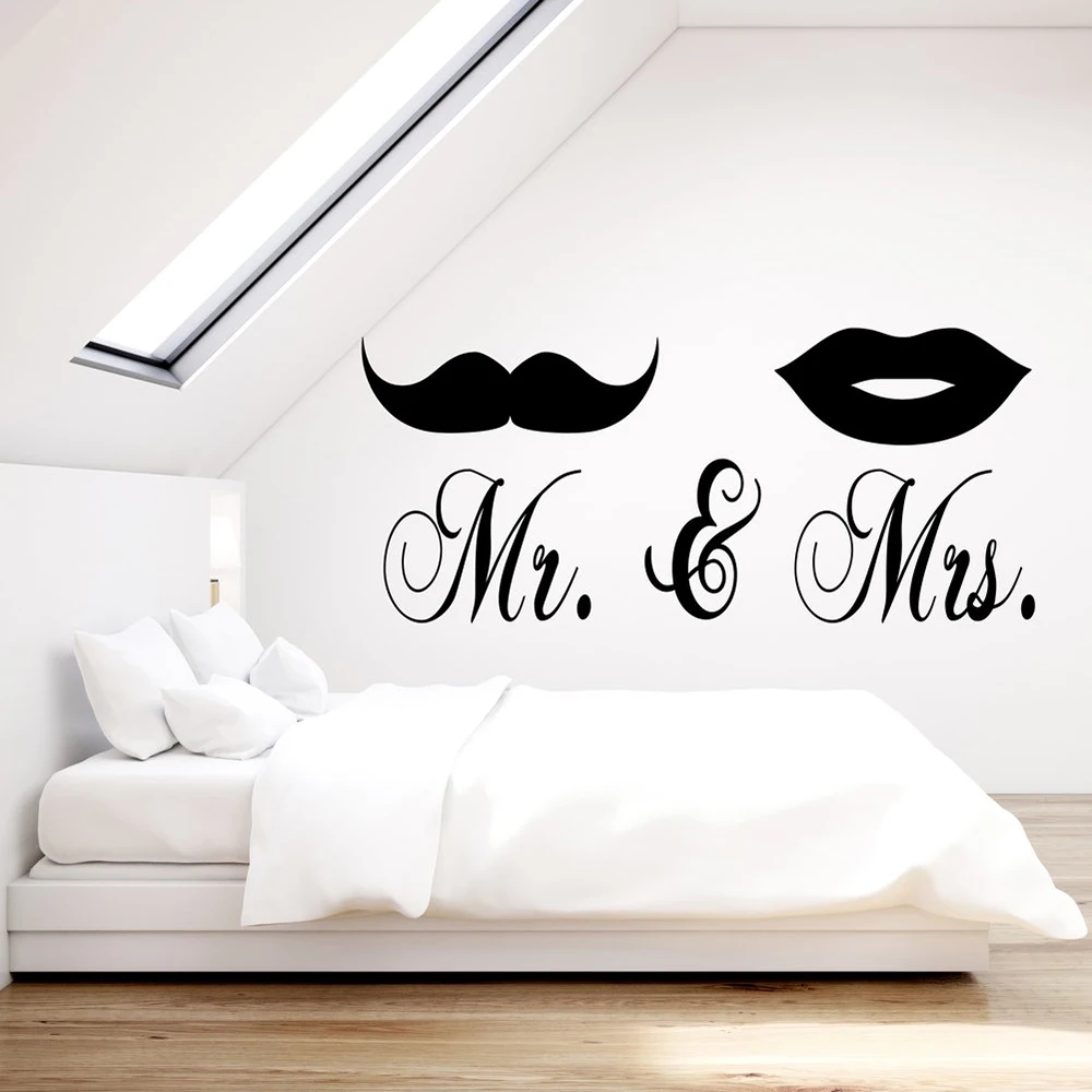 Vinyl Wall Decal Mr. and Mrs Mustache Lips Bedroom Decor