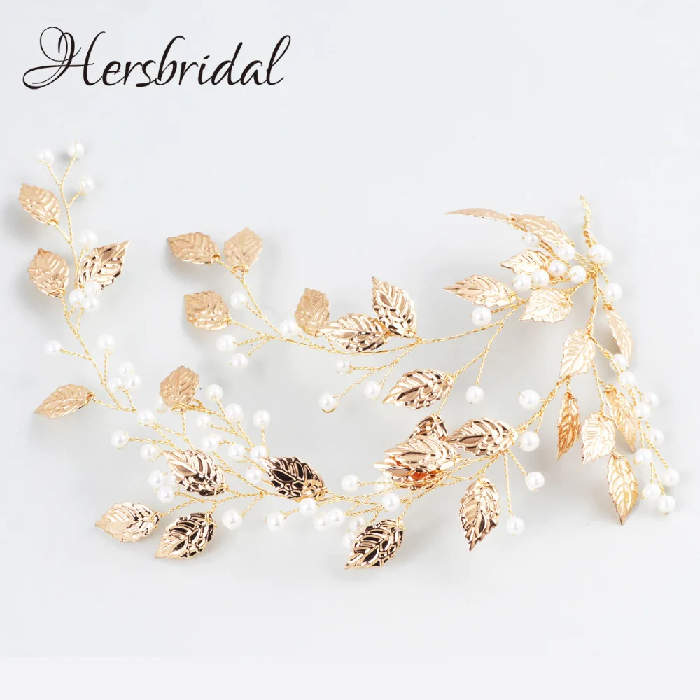 Antique Gold Leaf Bridal Headpiece Handmade Wedding Wreath Pearls Hair Adornments For Brides 2018  (15)