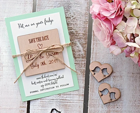 

personalize names date engraved Wooden Card save the date Wedding invitations Magnets, Wedding Wood Save-the-Date Magnet