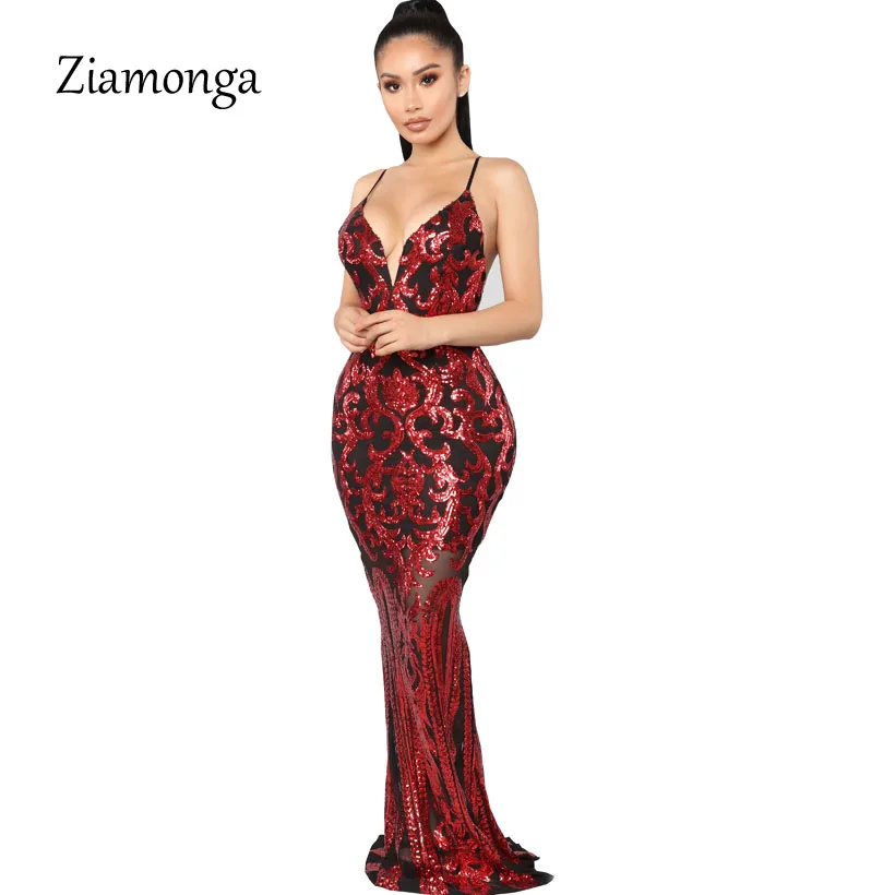 

Ziamonga Sexy Sequined Maxi Party Dress Stretch Floor Length Sequins Backless Mesh Bodycon Dresses V Neck Full Lining Long Dress