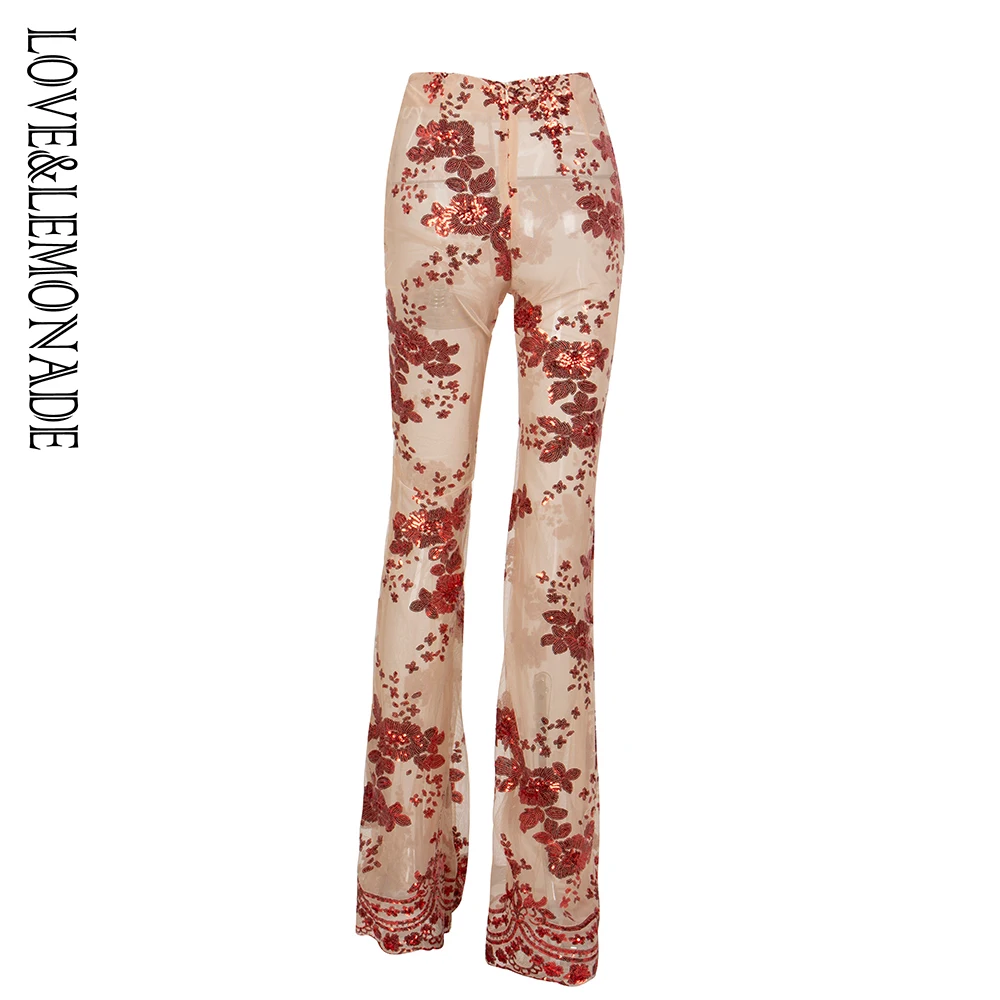 Расклешенные брюки с красными цветочными пайетками Love& Lemonade, сетчатая подкладка LM1485