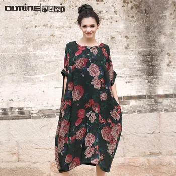 

Women's vintage national trend print one-piece dress loose medium-long plus size full dress S M L XL free shipping