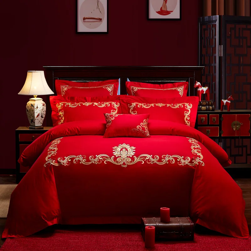 

100% Cotton luxury Classic Wedding Bedding Set Embroidery Duvet Cover set Bed Sheet Pillowcases Queen King Size 4/6/7pcs