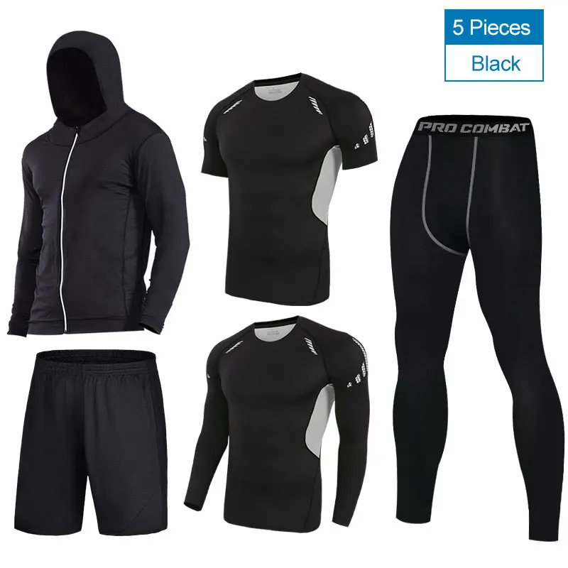 Быстросохнущие спортивные костюмы для мужчин, компрессионные костюмы для бега, дышащая Спортивная одежда для баскетбола, тренажерного зала, теплая одежда для тренировок, фитнеса - Цвет: Gray5pcs