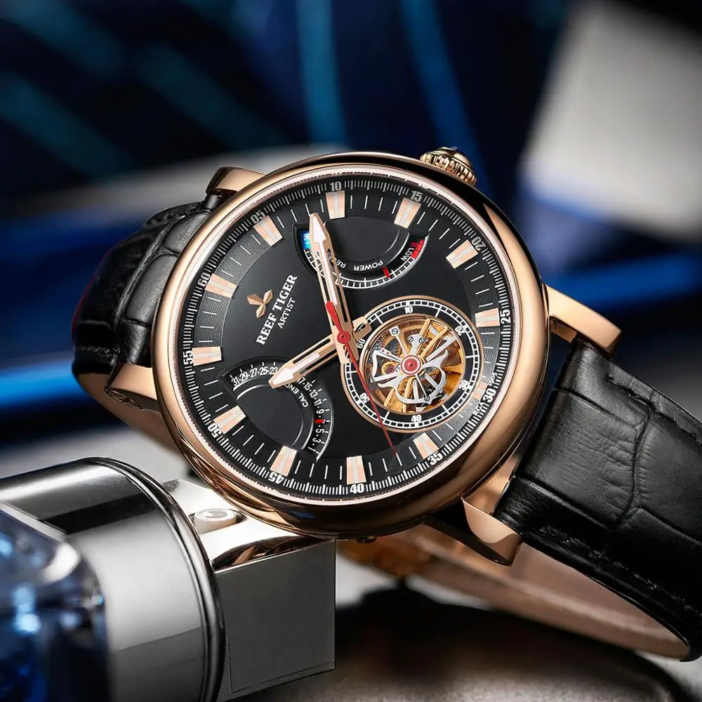  Reef Tiger/RT Automatic Watch for Men Black Dial Leather Strap Watch with Date Day RGA1950