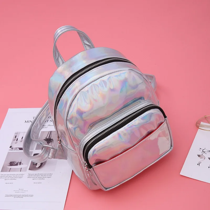 

Women Hologram Backpack Girls Holographic Mochila PU Leather Travel School Bags Backbag Laser Silver Mini Shoulder Bag Schoolbag