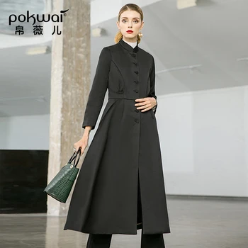 

POKWAI Over The Knee Windbreaker Female Long Section Autumn Female New Waist British Wind Long Sleeve Black Coat Outerwear