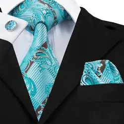 Мода 2017 г. Бирюзовый Пейсли галстук, носовой платок, запонки шелковый галстук галстуки для Для мужчин формальные Бизнес Свадебная