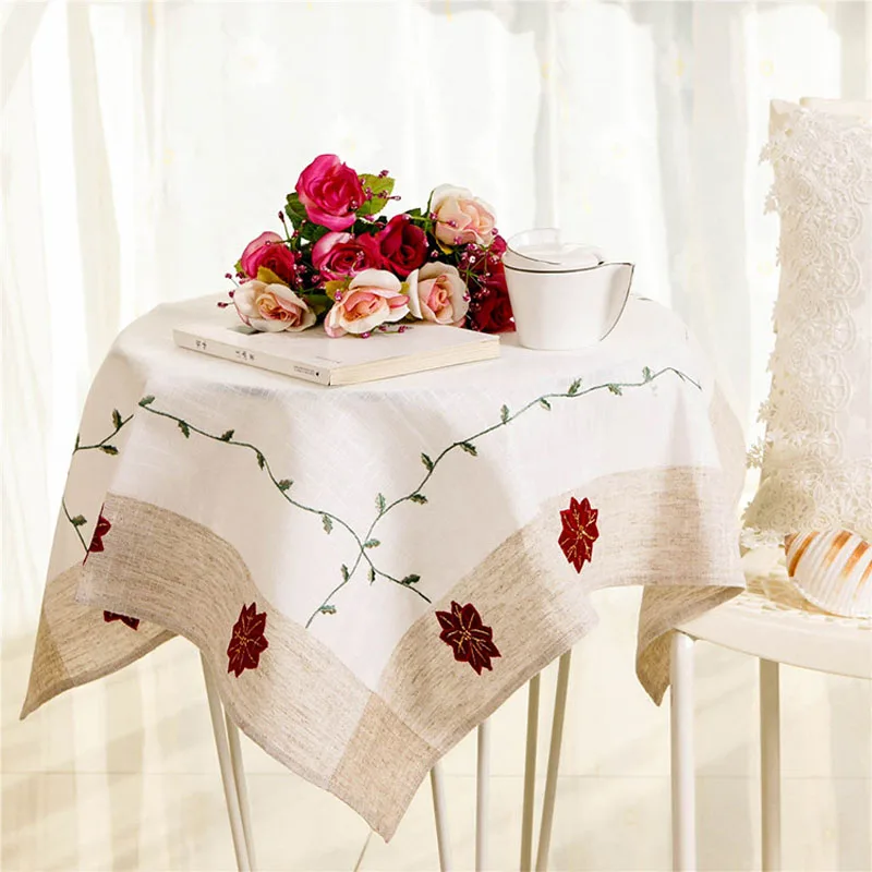 

Linen Tablecloth Flower Embroidery Table Cloth Cover for Party Holiday Dinner Wedding LBShipping