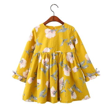 

2019 new spring chiffon floral print dress age for 3 - 10 yrs little girl clothes long sleeve yellow party frocks for baby girls