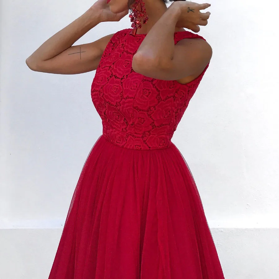 Красное Сетчатое газовое платье для женщин s элегантное кружевное платье без рукавов с открытой спиной Вечерние платья принцессы из тюля роскошное женское платье
