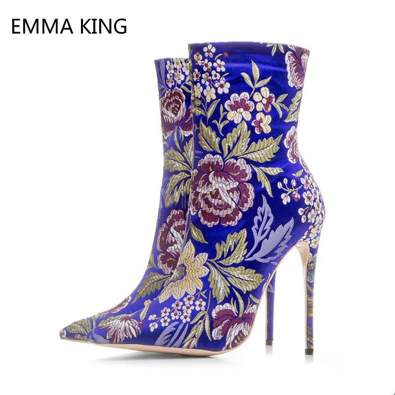 Blue High Heels Satin Sexy Ankle Boots Pointed ToeG Floral Embroidered Stiletto Heels Rome Booties Socks Shoes Woman Plus Size