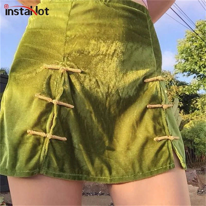 

InstaHot Velvet Green Cheongsam Skirts Women Spring Elastic Waist Elegant Split Button Skirt Lady A Line Mini Short Streetwear