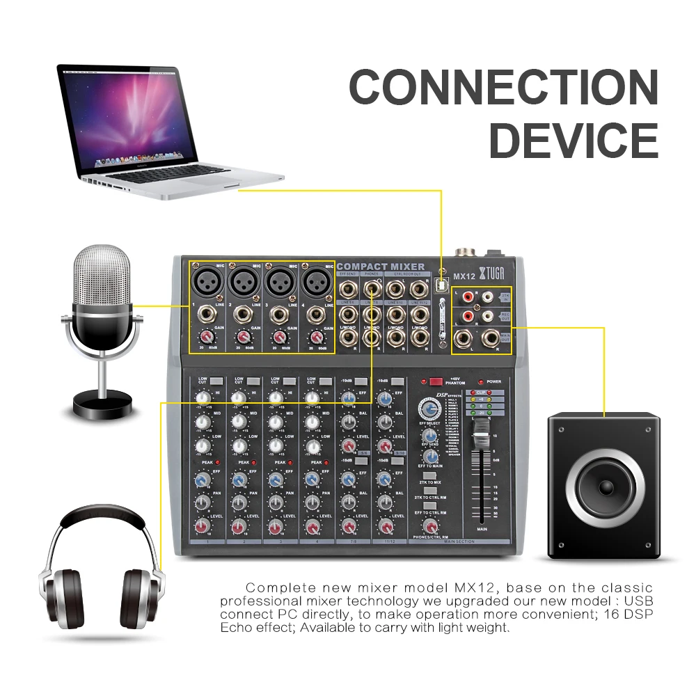 XTUGA MX12 Channels 3-Band EQ Audio Music Mixer