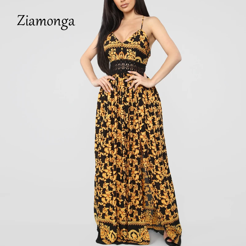 

Ziamonga Summer Lace Dress Sexy Deep V-Neck Strap Dresses Elegant Floral Print Long Dress Gypsy Boho Dress For Women Vestidos