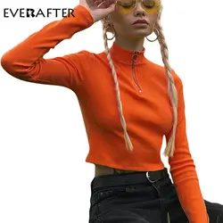 EVERAFTER 2018 Мода молнии футболки Для женщин Оранжевый Стенд с длинным рукавом укороченный Топ Sexy Тонкий футболка Осень Новый женский футболка