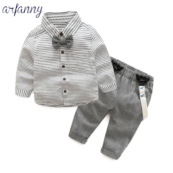 

Boys Spring Summer Striped Bow Tie Shirt Set kids baby boy suit gentleman clothesT shirt +pants+Bow for weddings formal clothin