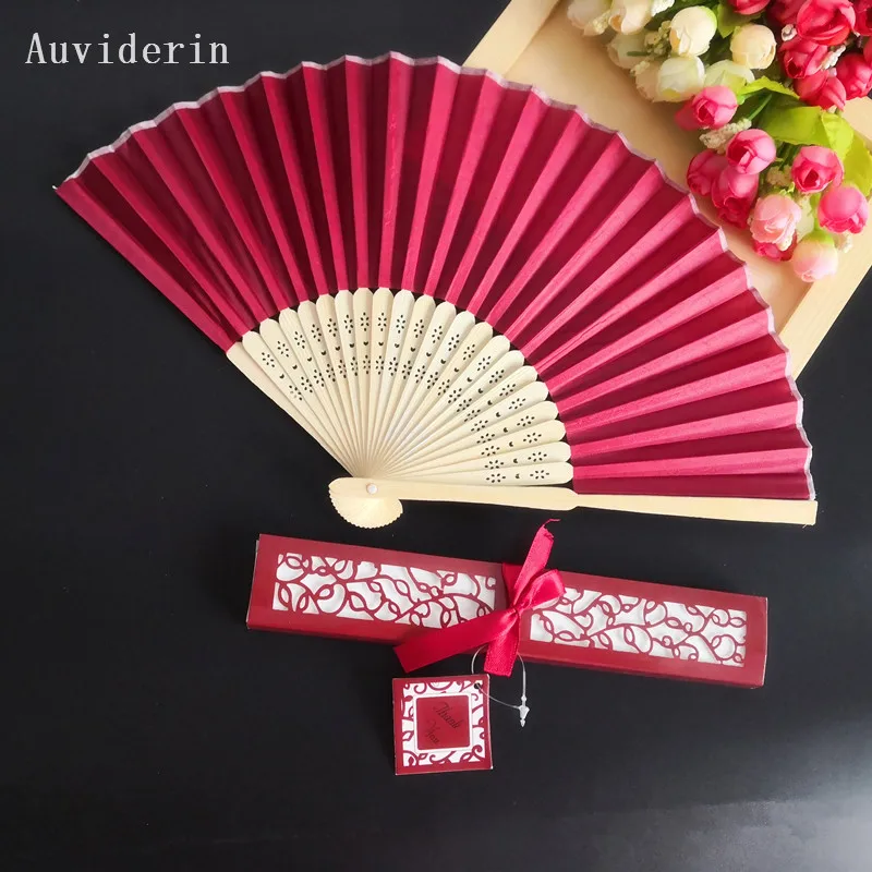 

Free Shipping 50sets/lot Wine Red Personalized Wedding Gift Hand Fan with Gift Box Wedding Silk Fan Printing Names and Date