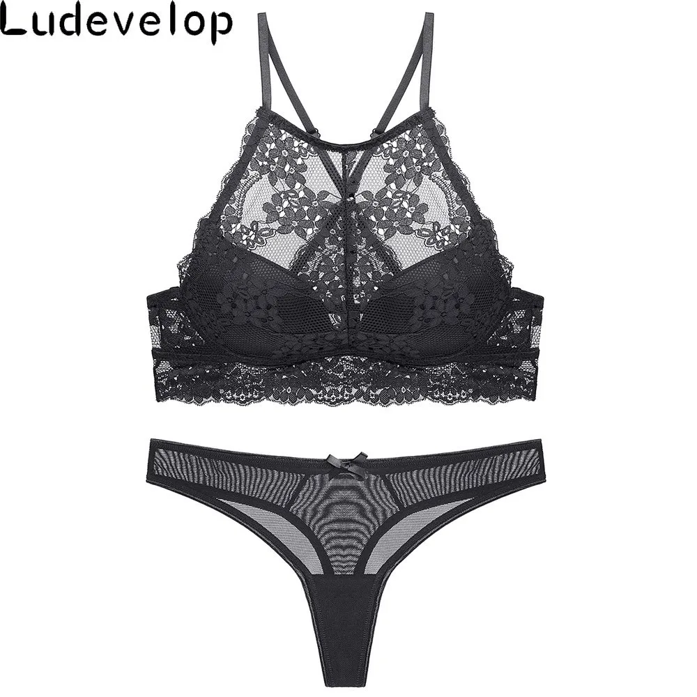

New Top Sexy Underwear Thickening Lingerie Solid Lace See Through Intimates Bra set Sexy Brassiere Thong Set