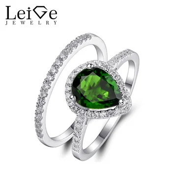 

Leige Jewelry Natural Chrome Diopside Wedding Ring Set for Women Green Gemstone Sterling Silver 925 Rings Fine Jewelry