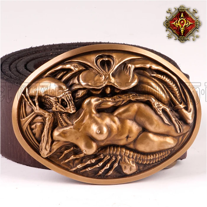 

OGRM Handmade Bronze Buckles Avp Alien Vs Predator Alien Queen Sleeping Beauty Buckles Cowhide Leath Man Belt Brand Belts