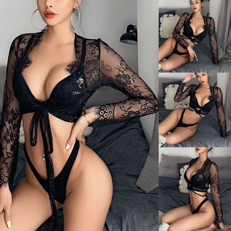 

2019 Newest Hot Women Long Sleeve Lace Solid Color Tie Front Mesh Sheer Club Short T-Shirts Tops