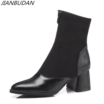 

JIANBUDAN /autumn winter women's Ankle boots Fashion sexy high top motorcycle boots Pu leather high heel Plush fur boots 34-46