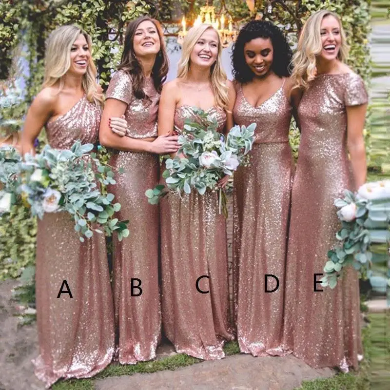 

Bling Sparkly Rose Gold Bridesmaid Dresses 2019 Sequine Cheap Mermaid Two Pieces Prom Gowns Backless Country Beach Party Dress