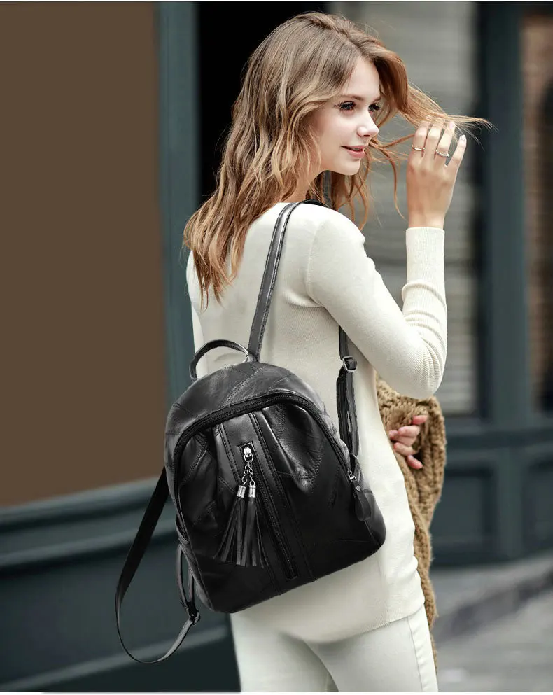 Rdywbu de cuero genuino borlas mochila de moda de las mujeres de piel de Oveja Negra de viaje mochila chicas saco un Dos bolsas de la escuela Mochilas B623