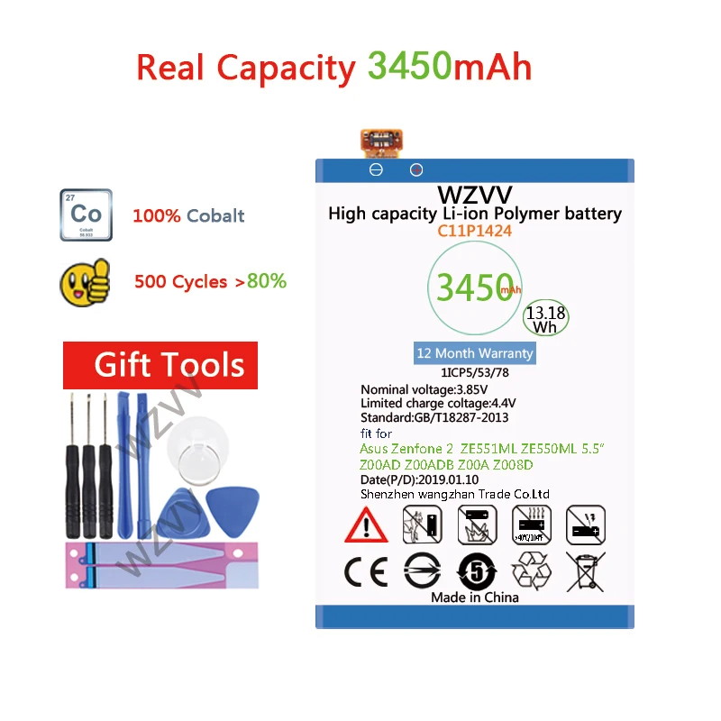 

wzvv Real 3450mAh Li-Polymer Battery C11P1424 For Asus Zenfone 2 ZE551ML ZE550ML 5.5inch Z00AD Z00ADB Z00A Z008D Batteries