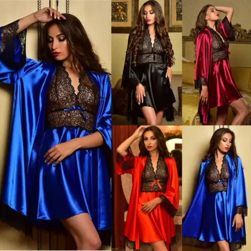 

2pcs Set Sexy Women Bride Kimono Robe Satin Silk Lace Patchwork Elegant Fashion Comfortable Night Dress Gown Sleepwear