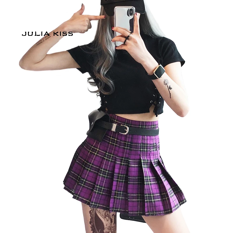 Women Check Pleated Skirts with Safety Shorts Preppy Style Checked Mini