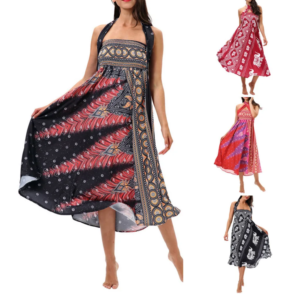 

Dress Women Long Hippie Bohemian Gypsy Boho Flowers Elastic Waist Floral Halter vestidos verano summer clothes for womens dress