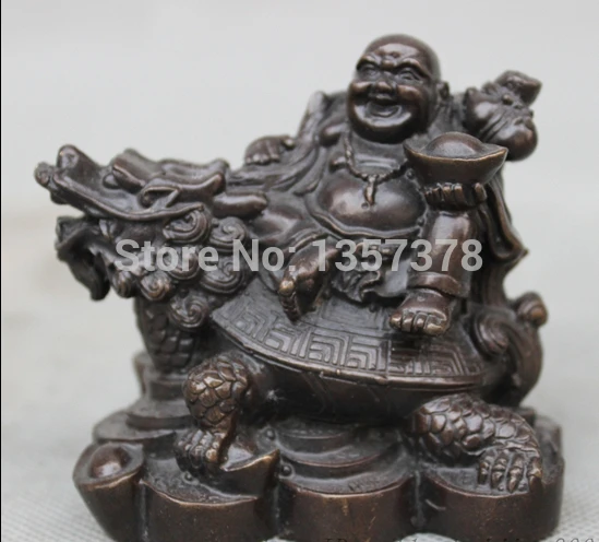 

shitou 00797 Chinese Pure Bronze Happy Laughing Maitreya Buddha Ride Dragon Turtle Statue