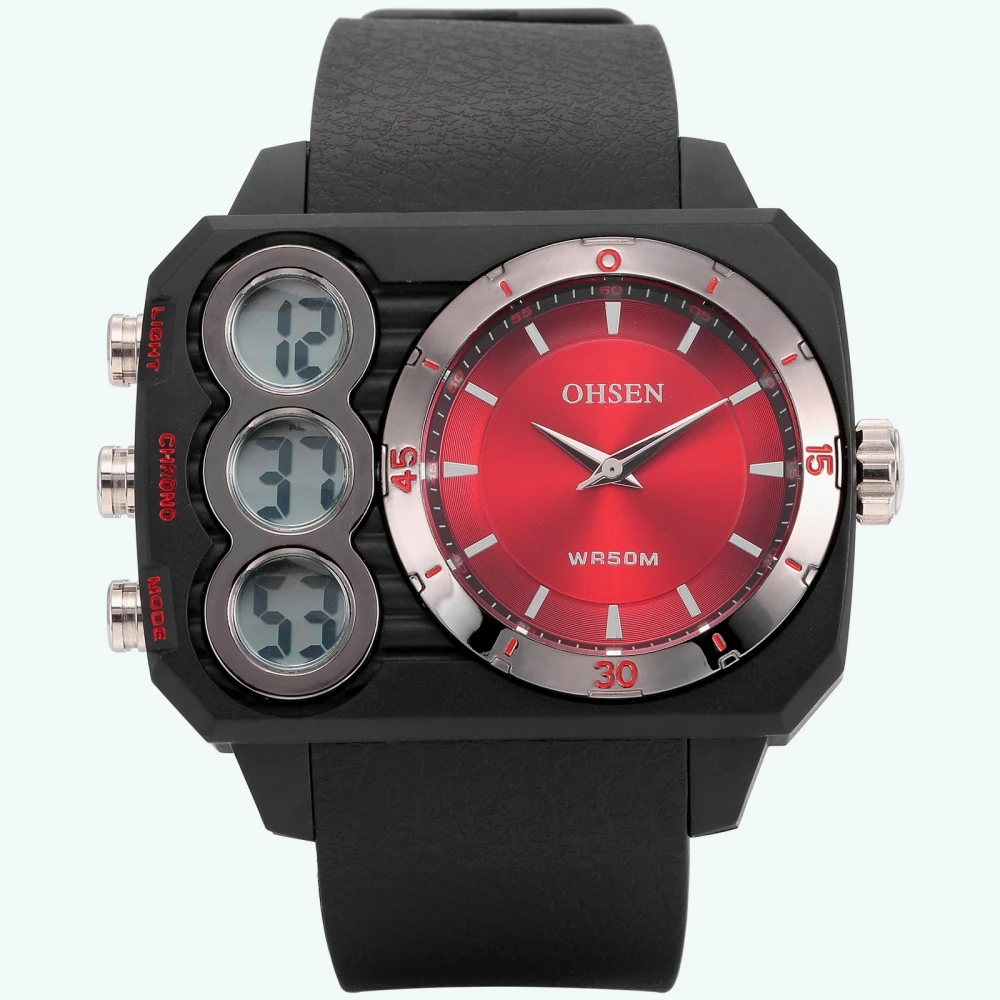 

OHSEN Black Red Oversized Dial Dual Time Date Alarm Stopwatch Sport Quartz Rubber Relogio Masculino Men Digital Watches /OHS235