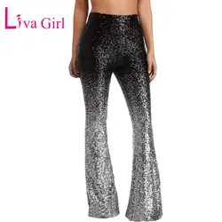 LIVA девушка сверкающие черные Серебряные Брюки с блестками женские широкие брюки с высокой талией длинные расклешенные брюки леггинсы для