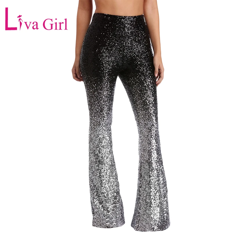

LIVA GIRL Sparkling Black Silver Sequin Pants Women Wide Leg High Waist Long Flare Pant Disco Trousers Ombre Sequin Bell Bottoms