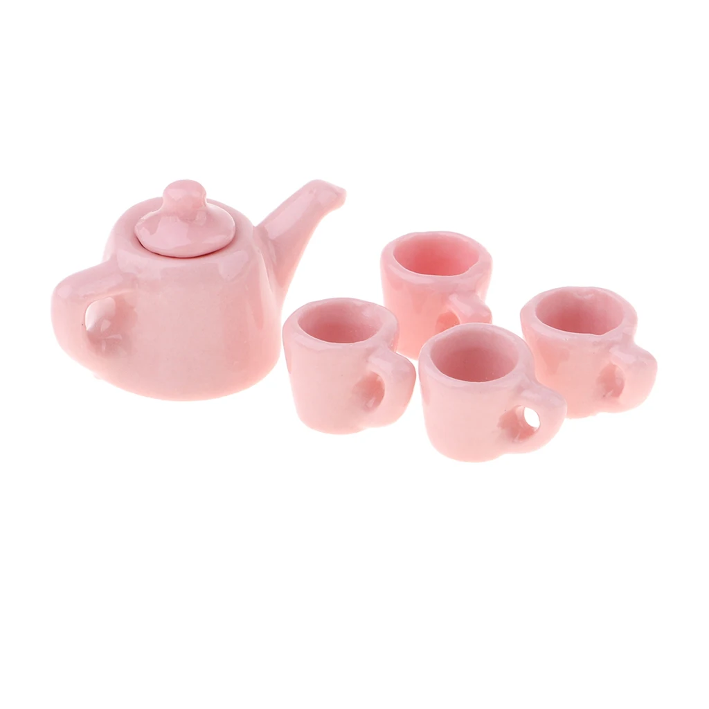 1/12 Dollhouse Miniature Ware Porcelain Tea Set Cup Pot Dish Cup Plate Pure Color Tableware Furniture Toy for Children (Pink)