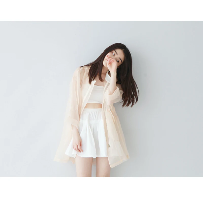 Cheerart Summer Sheer Kimono Cardigan Organza Transparent Blouse Women See Through Loose Pink/White/Black Korean Top Femme
