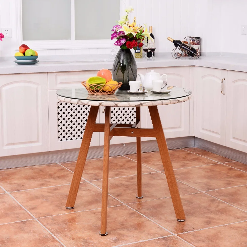 Goplus Round Dining Table Steel Frame Tempered Glass Top Modern Table Wooden Leg Desk Home Decor Kitchen Furniture HW54171